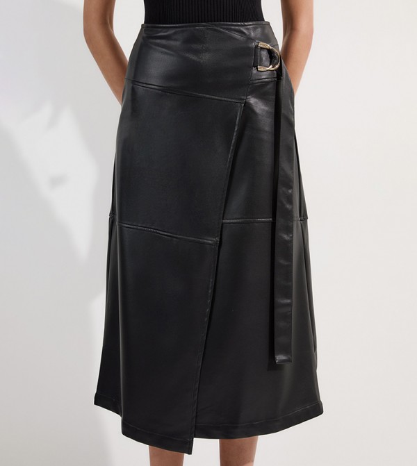 Faux Leather Tie Detail Wrap Midi Skirt