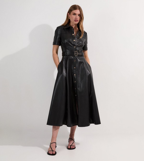 Faux Leather Belted Midi Shirt Dress