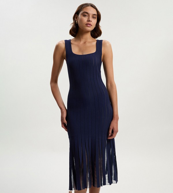 Compact Stretch Square Neck Flippy Midi Dress