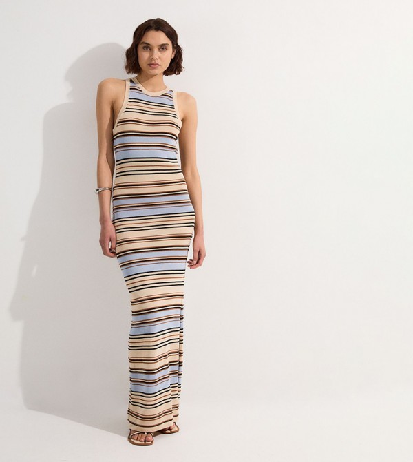 Striped Lightweight Stitch Detail Knitted Maxi Dress