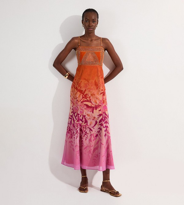 Petite Embellished Ombre Floral Pleated Woven Bandeau Midi Dress