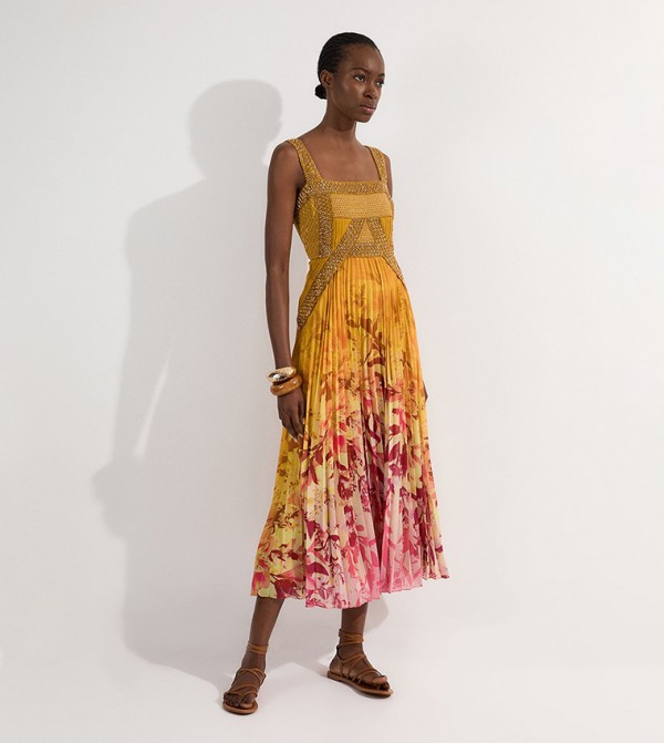 Tall Embellished Ombre Floral Pleated Woven Midi Dress