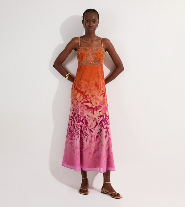 Embellished Ombre Floral Pleated Woven Bandeau Maxi Dress