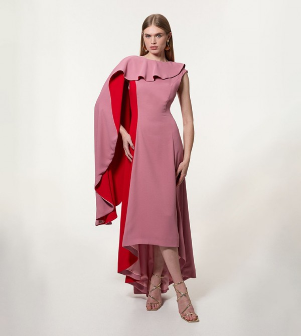 Petite Soft Color Block Cape Detail Flared Maxi Dress