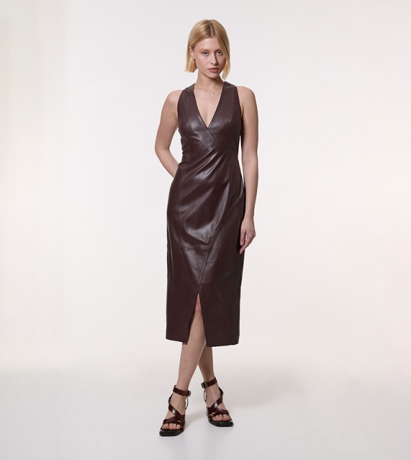 Leather Wrap Seam Pencil Midi Dress