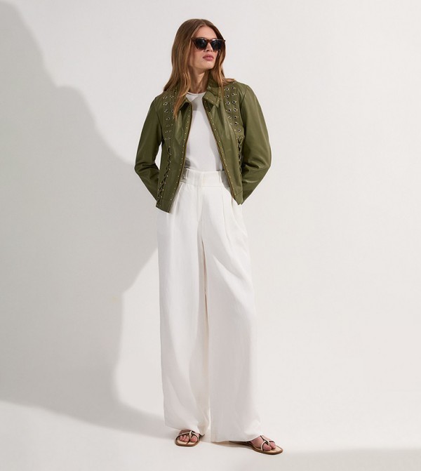 Leather Eyelet and Lace Trim Collared Jacket