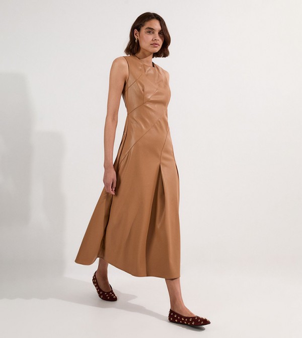 Faux Leather Seam Detail Full Midi Dress
