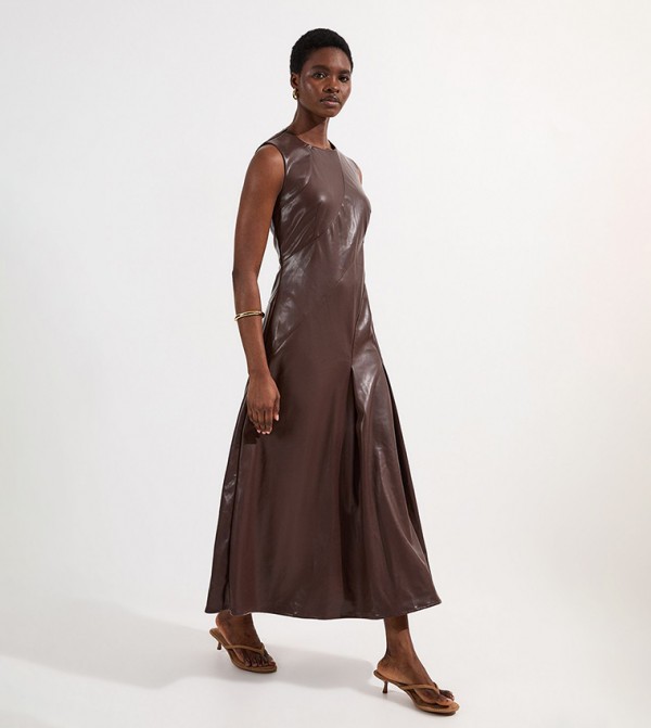 Faux Leather Seam Detail Midi Dress
