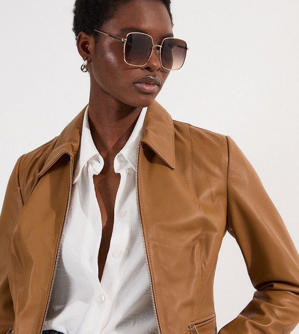 Leather Collared Zip Through Tailored Jacket