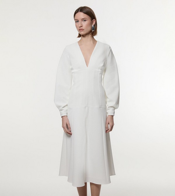 Textured Tailored Dropped Waist Sleeves Midaxi Dress