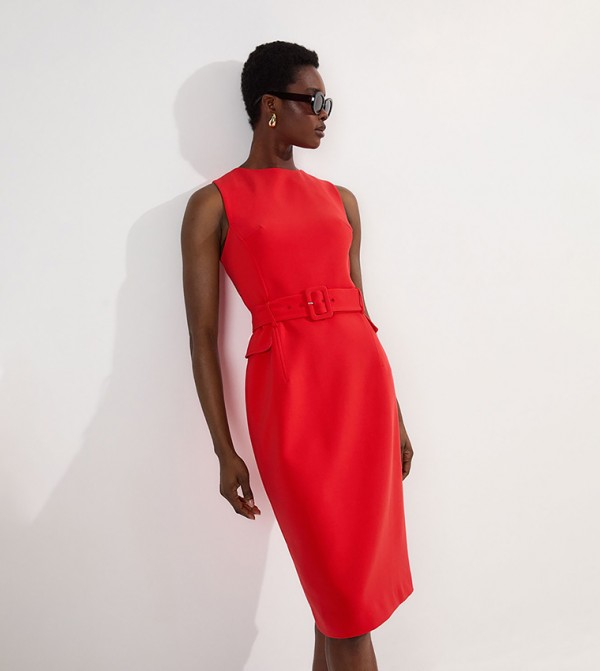 Petite Belted Tailored Midi Dress