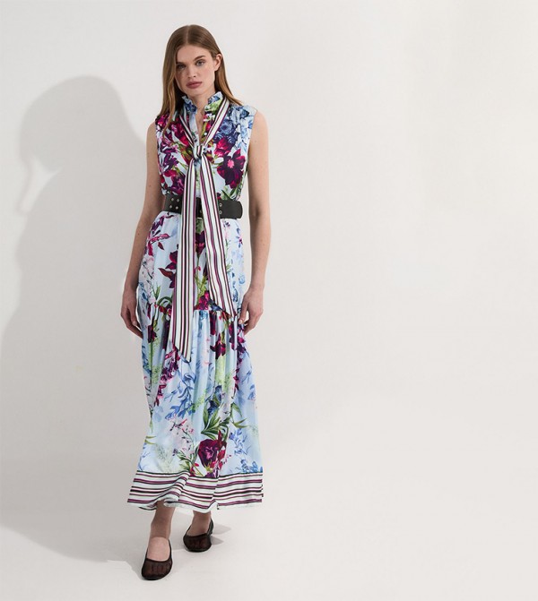 Petite Floral Printed Tie Neck Woven Maxi Dress