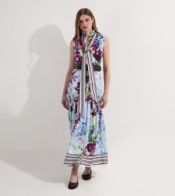 Floral Printed Tie Neck Woven Midaxi Dress