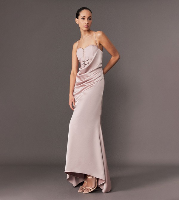 Satin Drape Corset Fishtail Maxi Dress