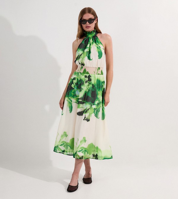 Floral Organdie Woven Belted Halterneck Maxi Dress