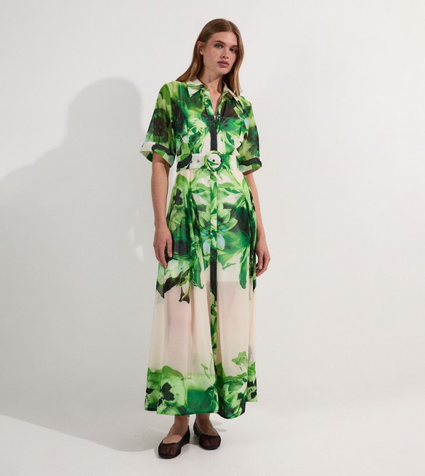 Floral Organdie Woven Maxi Shirt Dress