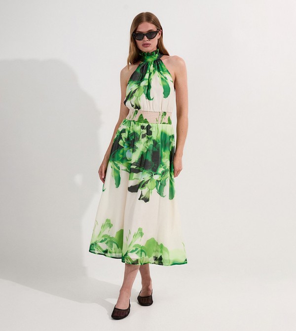 Petite Floral Organdie Woven Belted Halterneck Maxi Dress