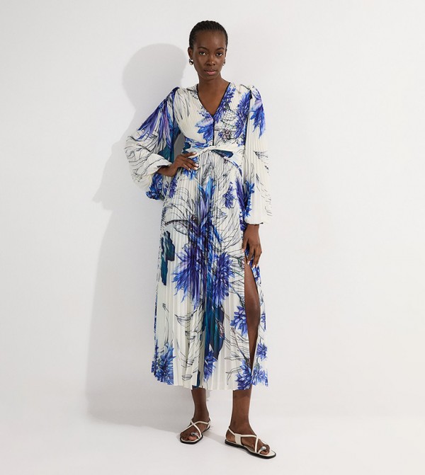 Floral Balloon Sleeves Pleated Crinkle Cut Out Woven Midi Dress