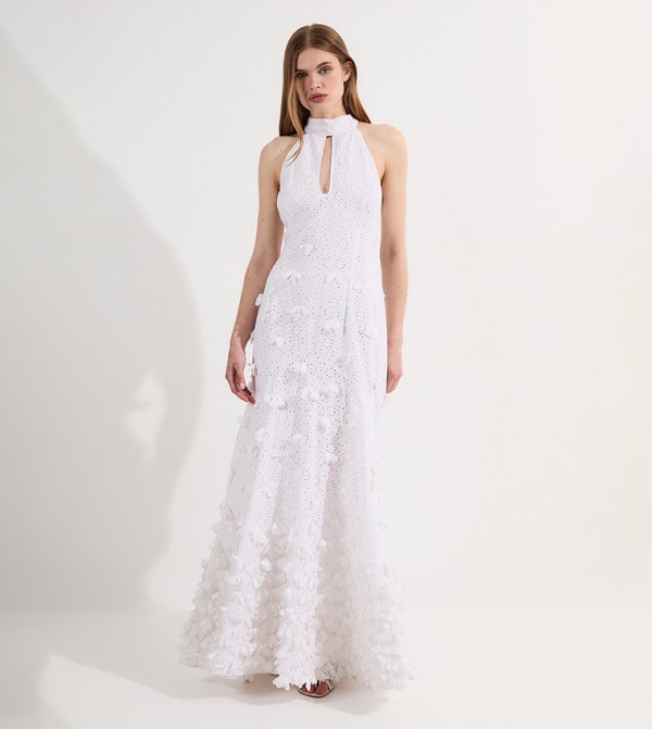 Petal Applique Embellished Broderie Rosette Maxi Dress