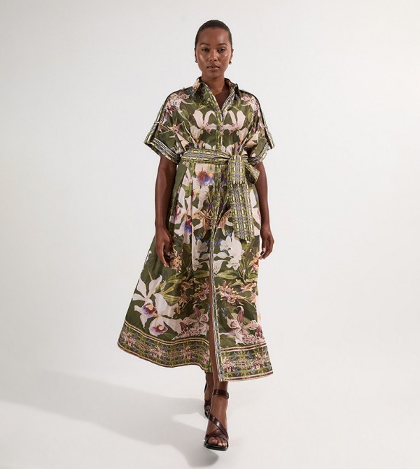 Curve Sateen Floral Print Belted Shirt Midi Dress