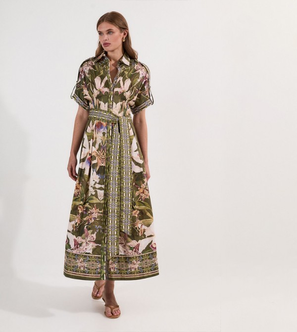 Cotton Sateen Floral Woven Belted Maxi Shirt Dress