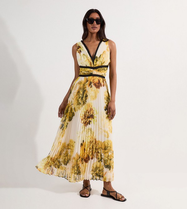 Pleated Floral Print Bodice Detail Maxi Dress