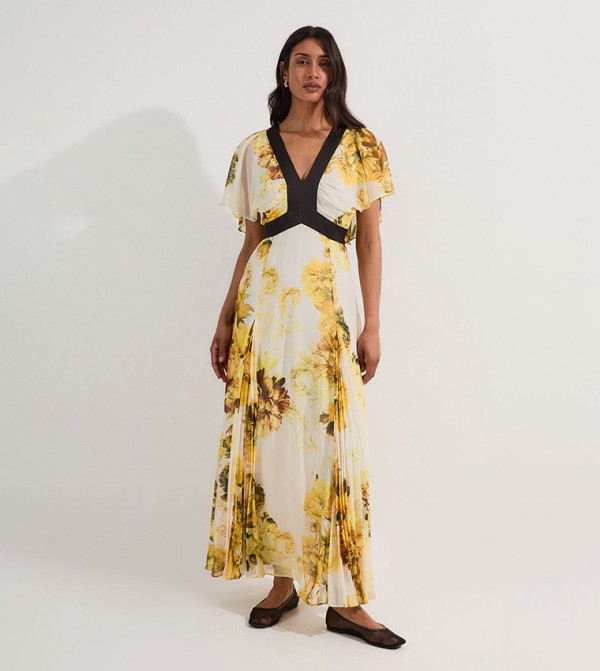 Pleated Floral Godet Pannell Woven Midi Dress