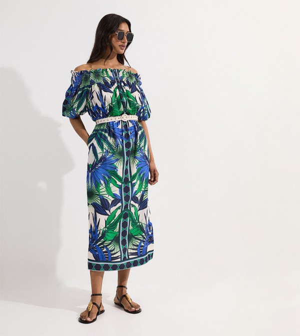 Voile Mirrored Floral Woven Bardot Midi Dress