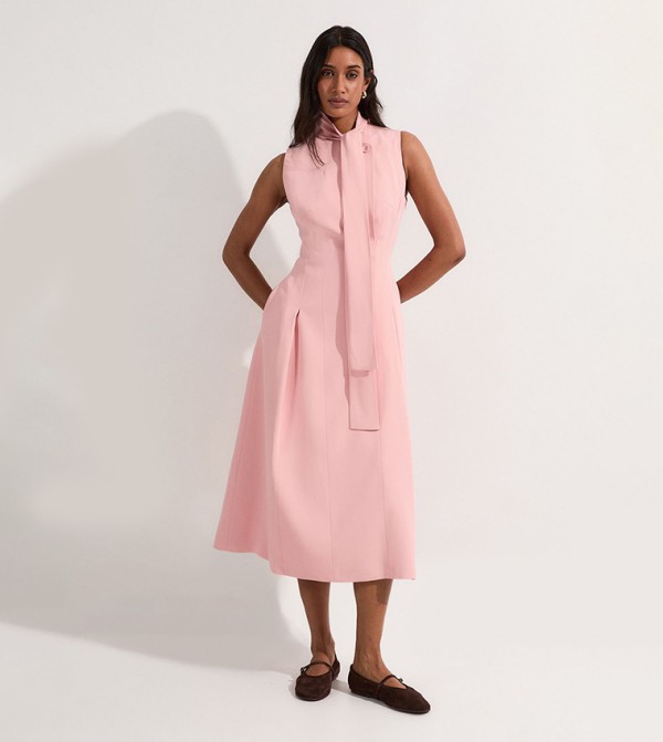 Viscose Tie Neck Tailored Flareded Midi Dress