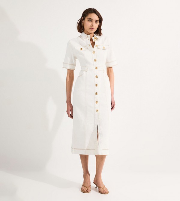 Button Front Short Sleeves Denim Midi Dress