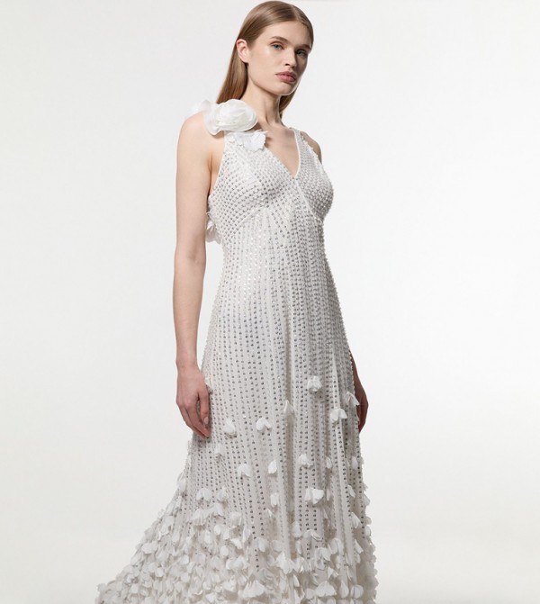 Crystal Applique Strappy Rosette Woven Maxi Dress