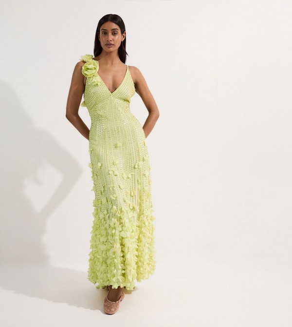 Crystal Applique Strappy Rosette Woven Maxi Dress