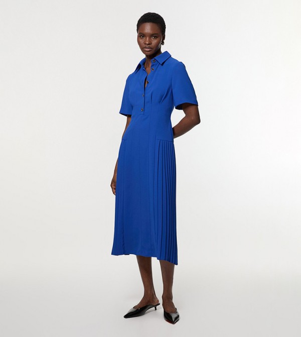Tailored Crepe Pleated Paneled Shirt Dress