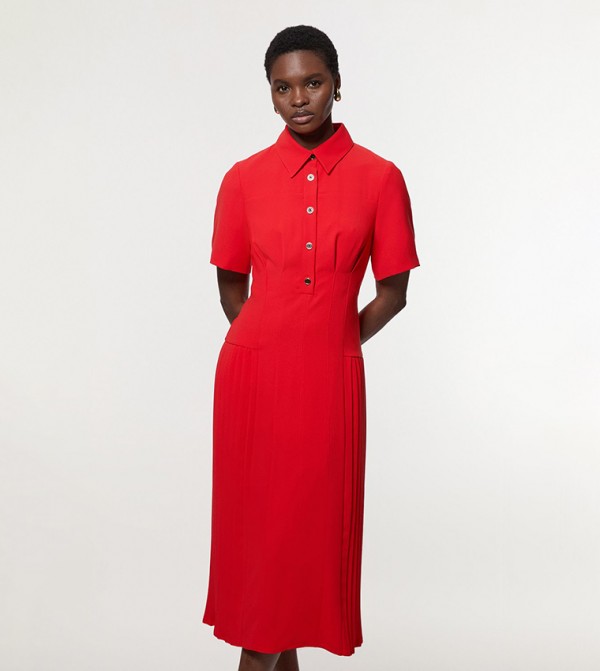 Tailored Crepe Pleated Paneled Shirt Dress