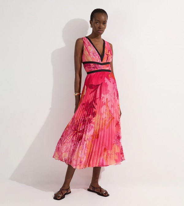 Tall Pleated Floral Print Bodice Detail Midi Dress