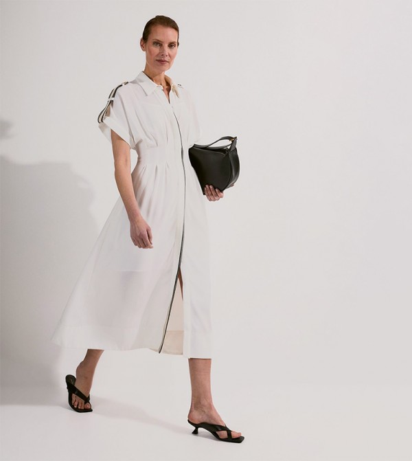 Contrast Striped Trim Crepe Shirt Dress
