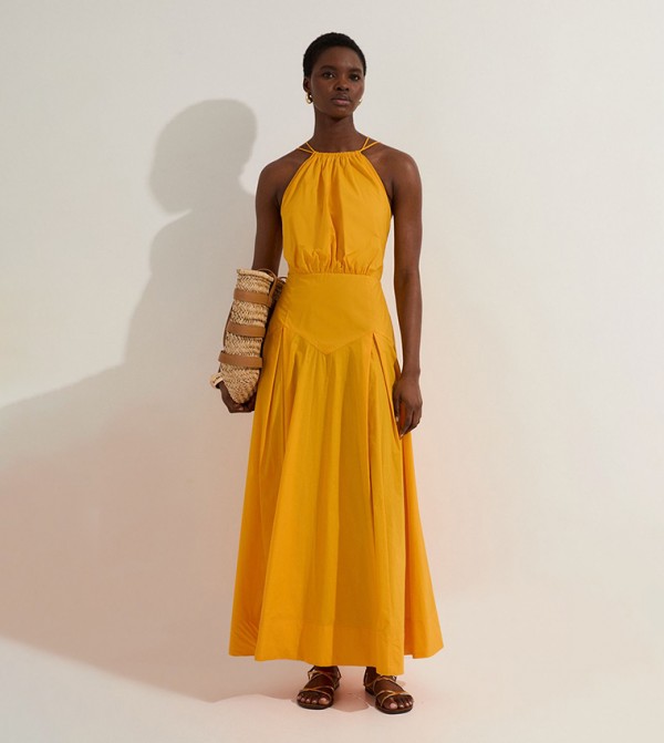 Solid Halter Neck Woven Midi Dress