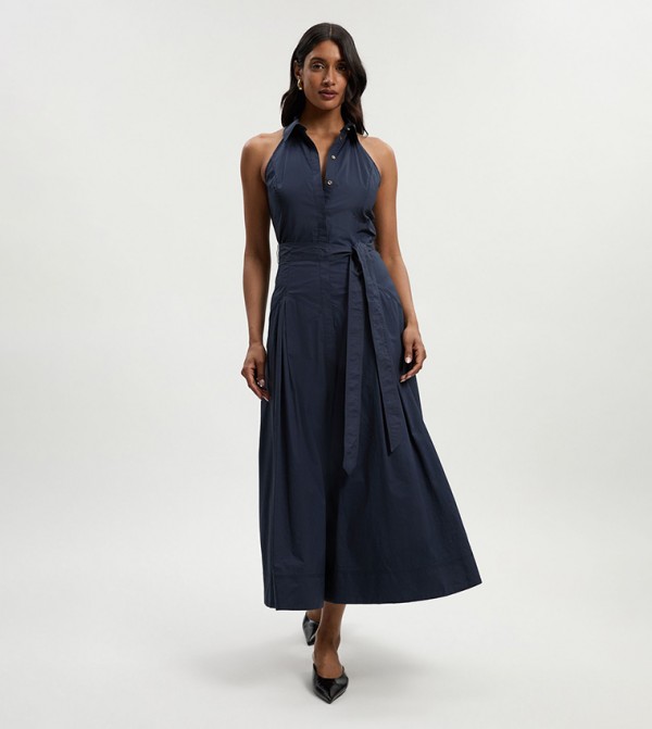 Collared Halterneck Midi Shirt Dress