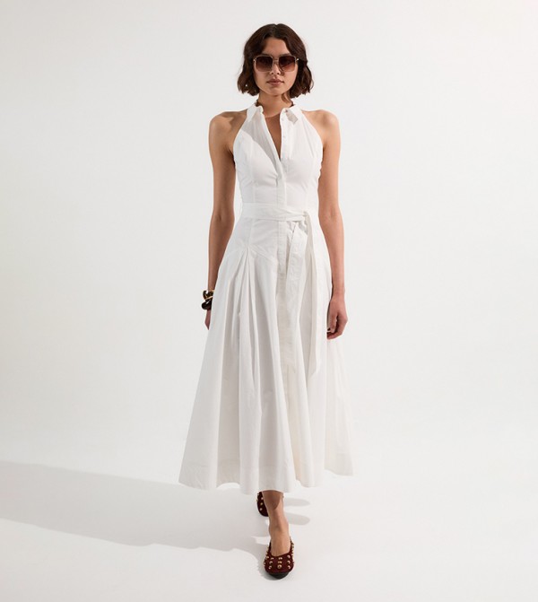 Cotton Collared Halter Neck Woven Midi Shirt Dress