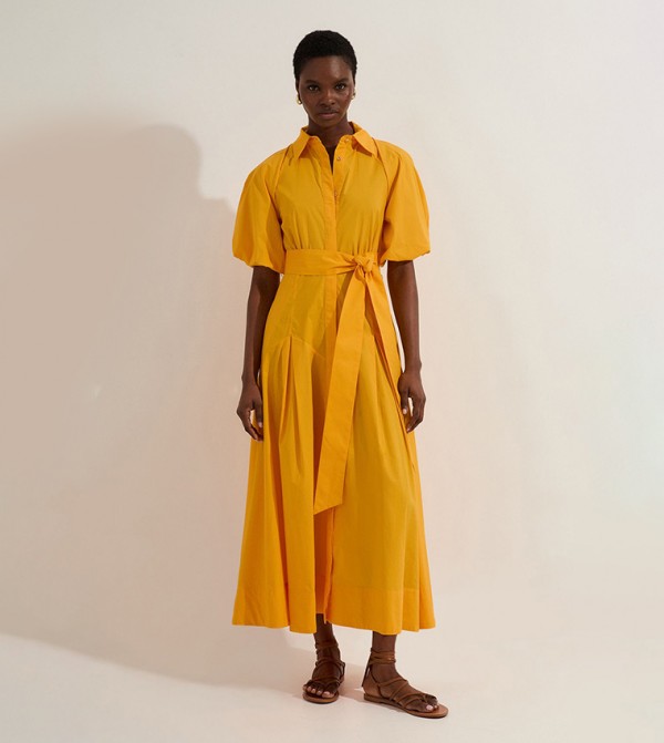 Petite Cotton Puff Sleeves Woven Midi Shirt Dress