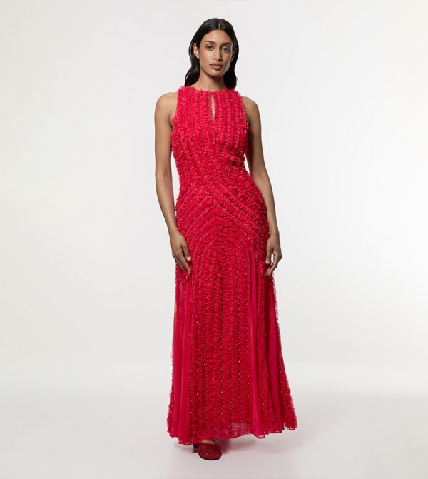 Embellished Ruffle Keyhole Cut-Out Woven Maxi Dress