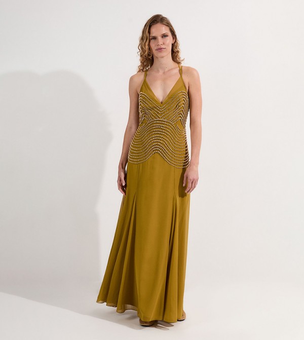 Tall Embellished Geo Strappy Woven Maxi Dress
