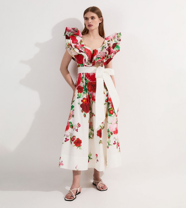 Floral Poplin Structure Ruffle Tie Belt Woven Midi Dress