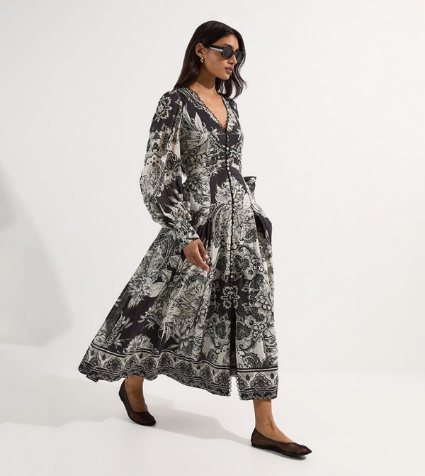 Tile Silk Cotton Plunge Woven Maxi Dress