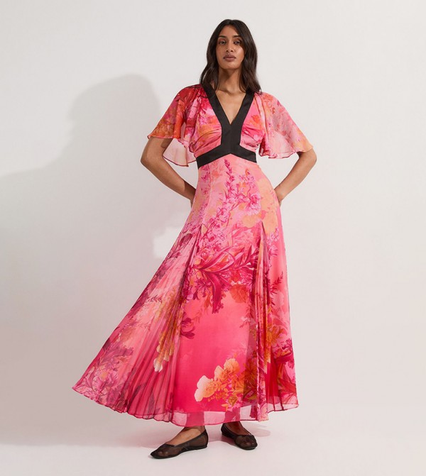 Pleated Floral Godet Panel Woven Midi Dress