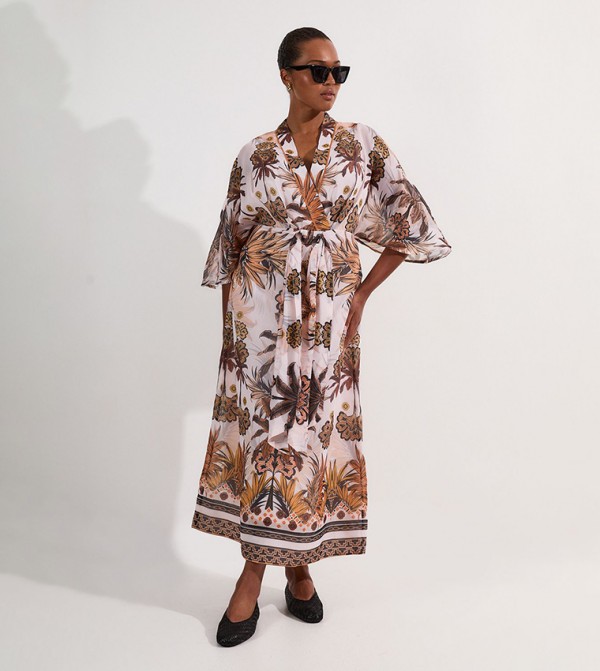 Curve Abstract Print Cotton Kimono Sleeves Woven Midaxi Dress