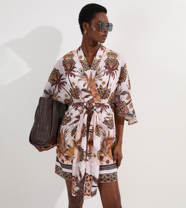 Abstract Print Cotton Kimono Sleeves Woven Mini Dress