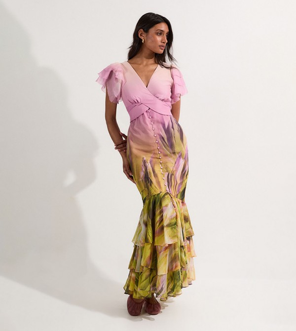 Ombre Floral Ruffle Sleeves Button Through Maxi Dress