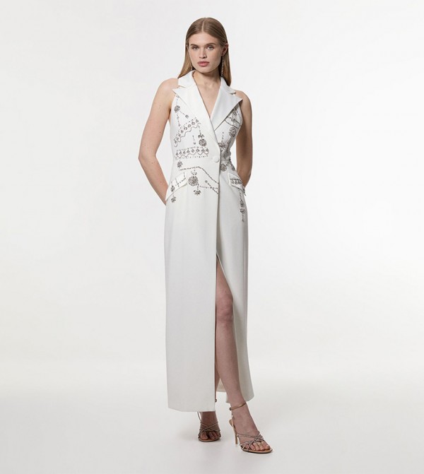 Petite Crystal Embellished Cady Sleeveless Blazer Maxi Dress