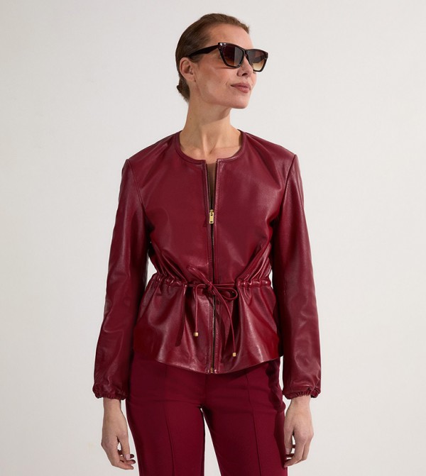 Drawstring Long Sleeves Leather Jacket